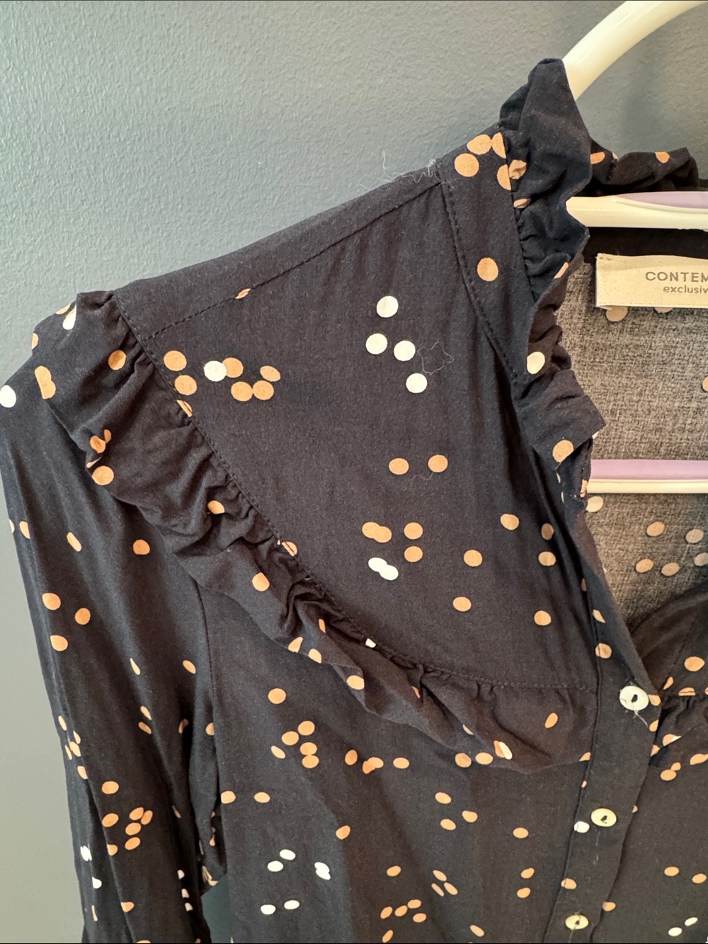 Contemporary navy Ruffle Dot Button-Up Blouse - Picture 2 of 6